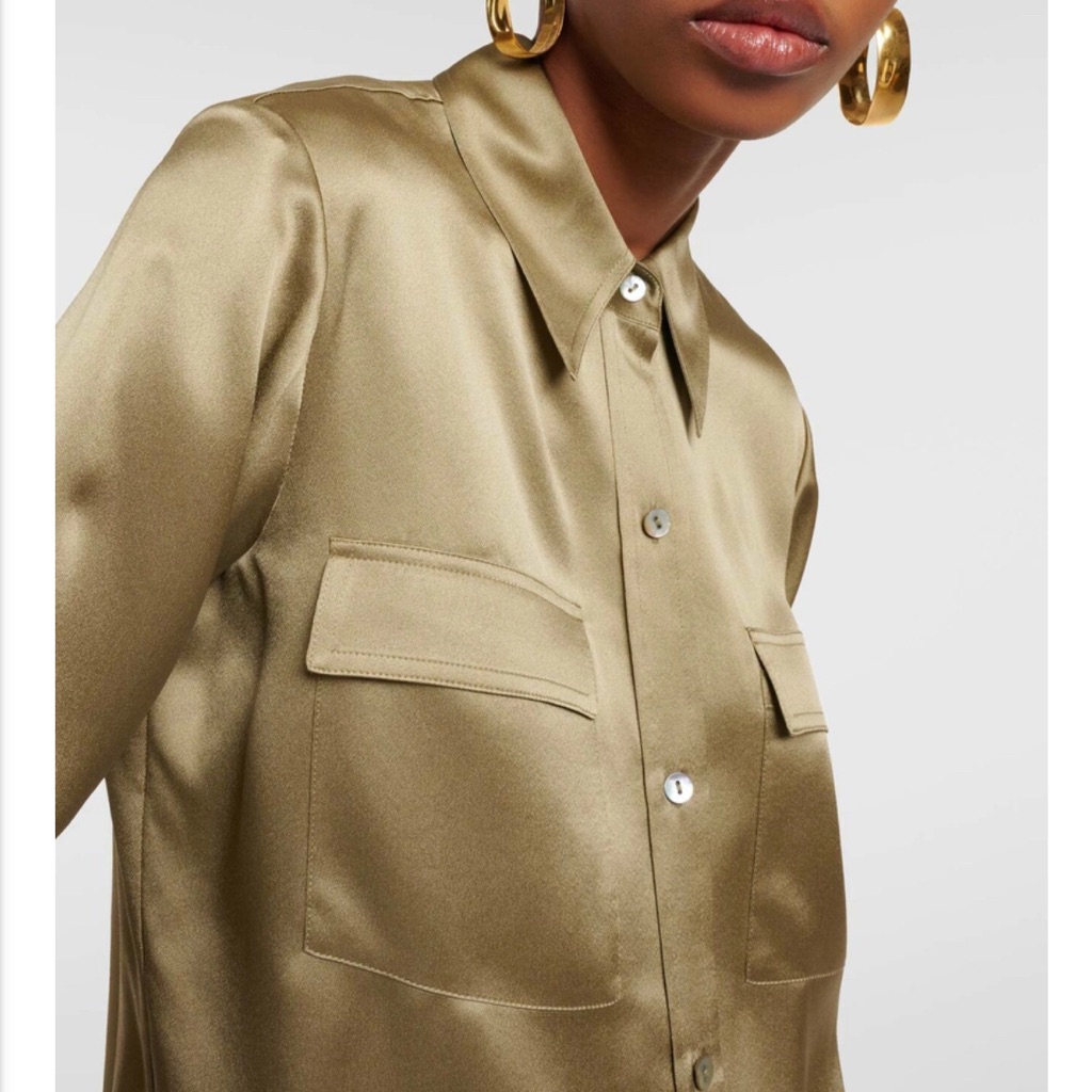 Vince Buttoned Front Flap Chest Pocket Silk Blouse In Artichoke Color